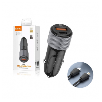Auto punjac LDNIO C510Q PD/ QC3.0 38W (total) sa Type-C na iPhone Lightning kablom crni