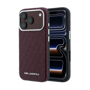 Maska Karl Lagerfeld Grained Allover Logo Metal Elongated Magsafe iPhone 17 Pro/ 18 Pro bordo