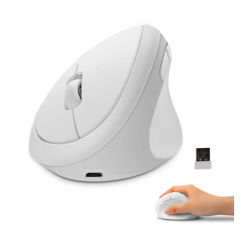 Vertikalni ergonomski bezicni mis E1 beli